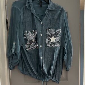 Sequin Pocket Button-Front Blouse in Teal with Star Accent